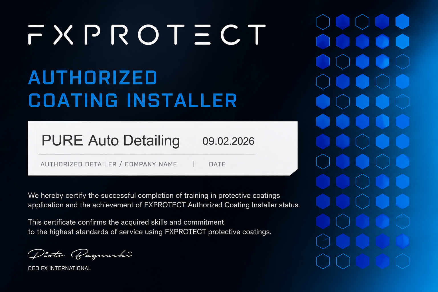 Certyfikat Autoryzowanego Instalatora Powłok FX PROTECT dla PURE Auto Detailing
